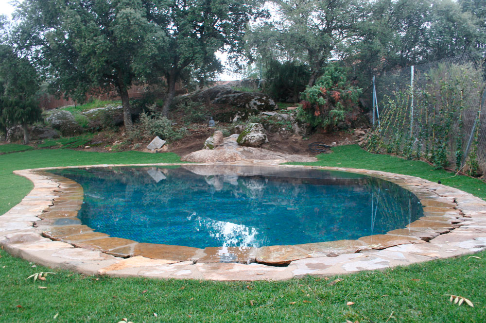 Diseño construcción piscina desbordante imitación lago